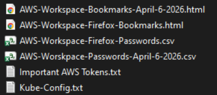 The Private CISA GitHub repo exposed dozens of plaintext credentials to important CISA GovCloud resources. The filenames include AWS-Workspace-Bookmarks-April-6-2026.html, AWS-Workspace-Firefox-Passwords.csv, Important AWS Tokens.txt, kube-config.txt, etc.