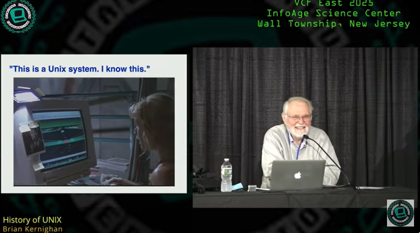 83-year-old Brian Kernighan shows Jurrasic Park's Unix line at Vintage Computer Festival East (2025)
