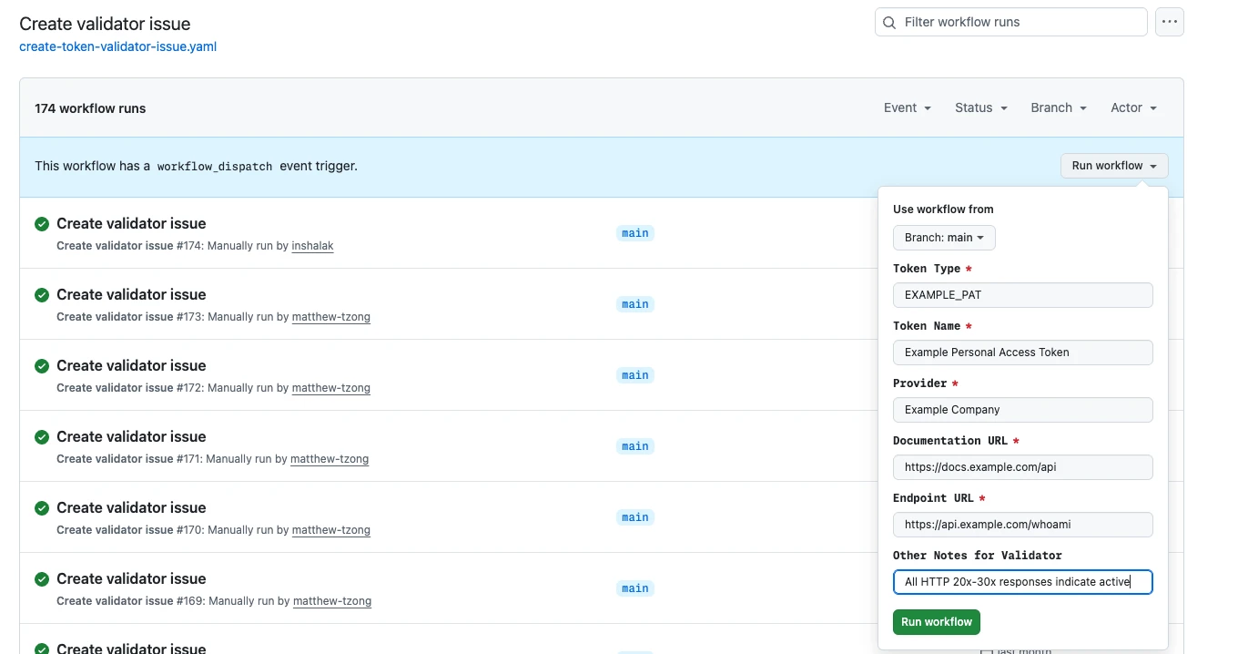 Screenshot of the GitHub Actions “Run workflow” form to create a new validator. Form shows a dropdown for branch, and text fields for Token Type, Token Name, Provider, Documentation URL, Endpoint URL, Other Notes for Validator all with sample input using a PAT from Example.comas demonstration.