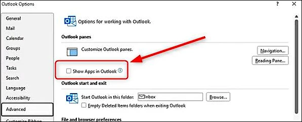"Show Apps in Outlook" option