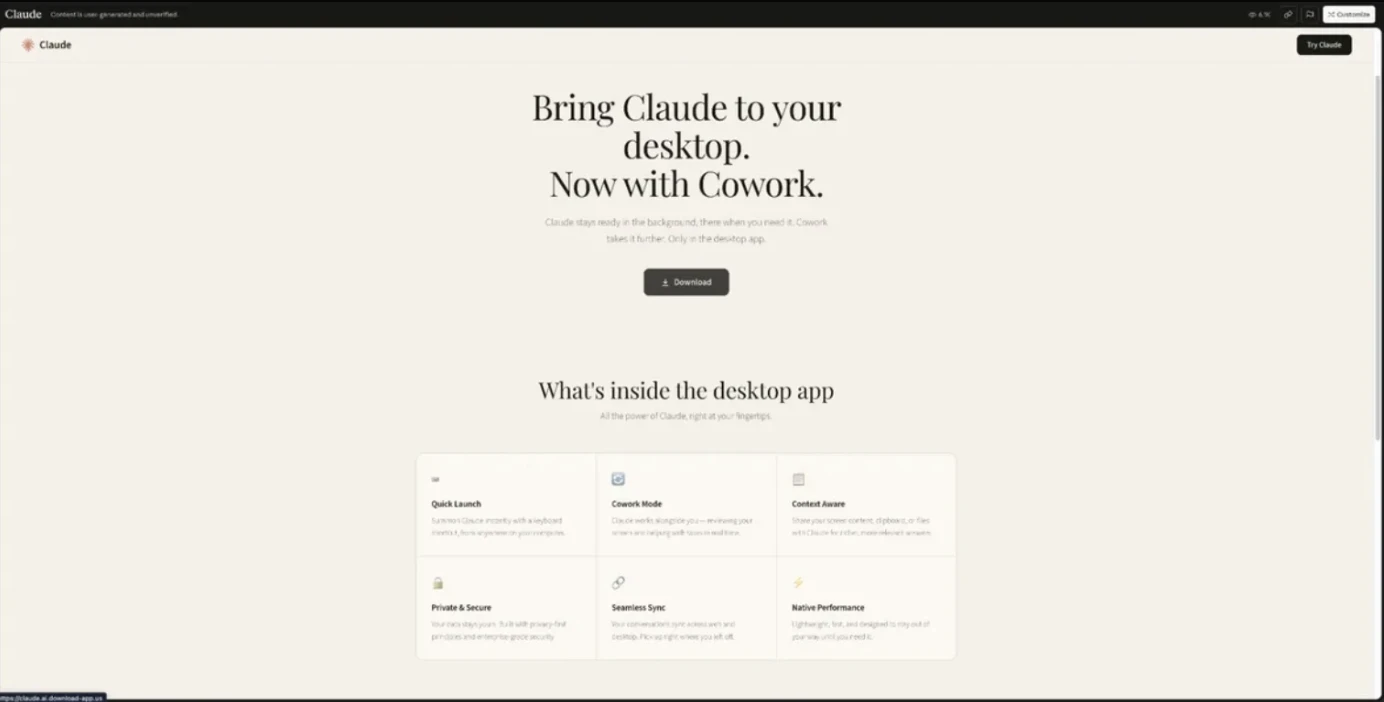 Figure 1: Claude Desktop/Cowork phishing page hosted as a Claude Artifact.