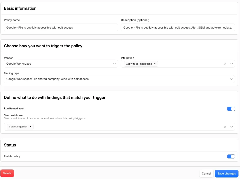 Interface for creating a new CASB policy.