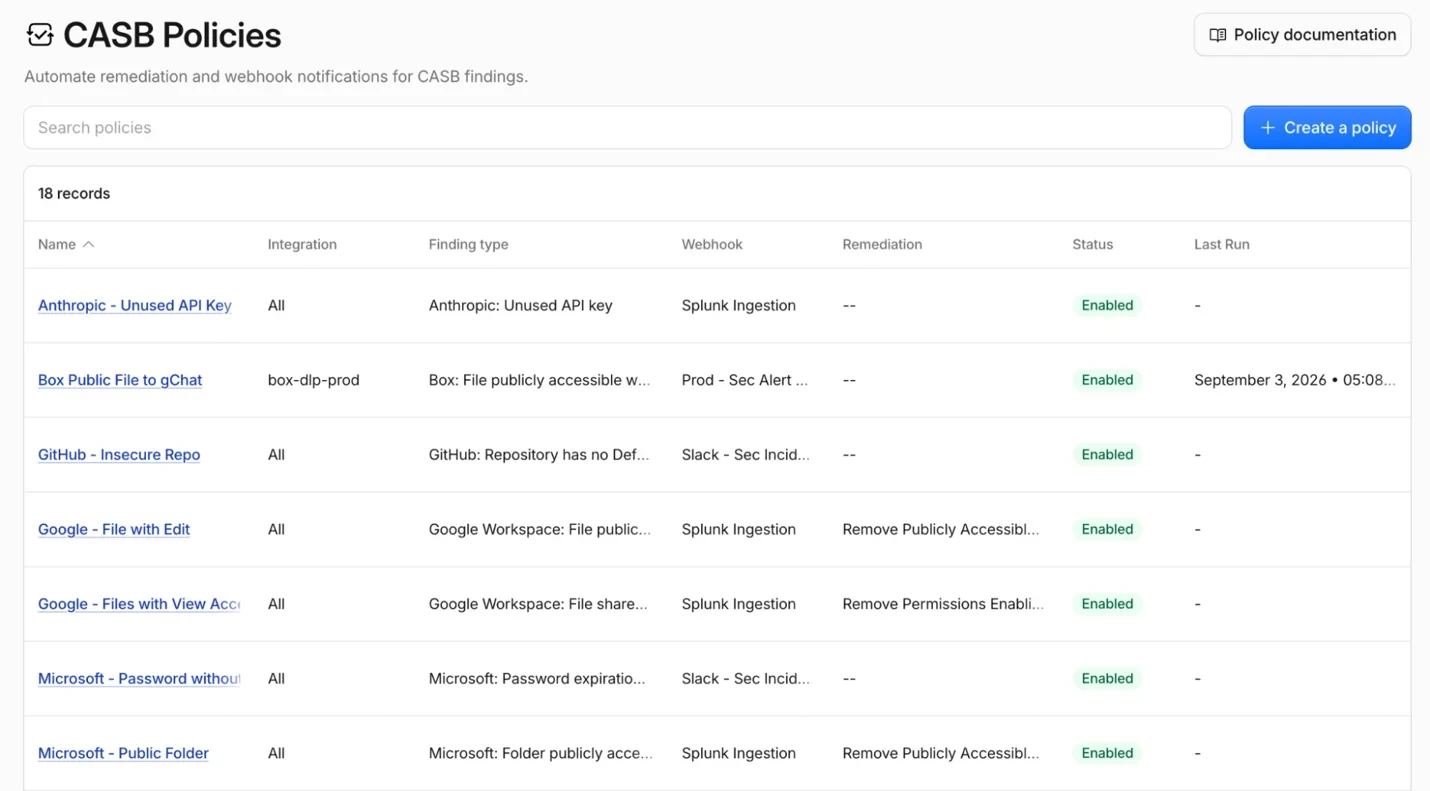 View of the main CASB Policies page. From this view, policies can be created, updated, and deleted.