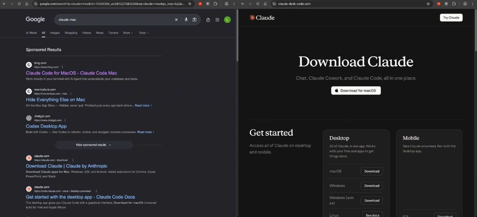 Google search ad ultimately redirecting to a fake Claude download page