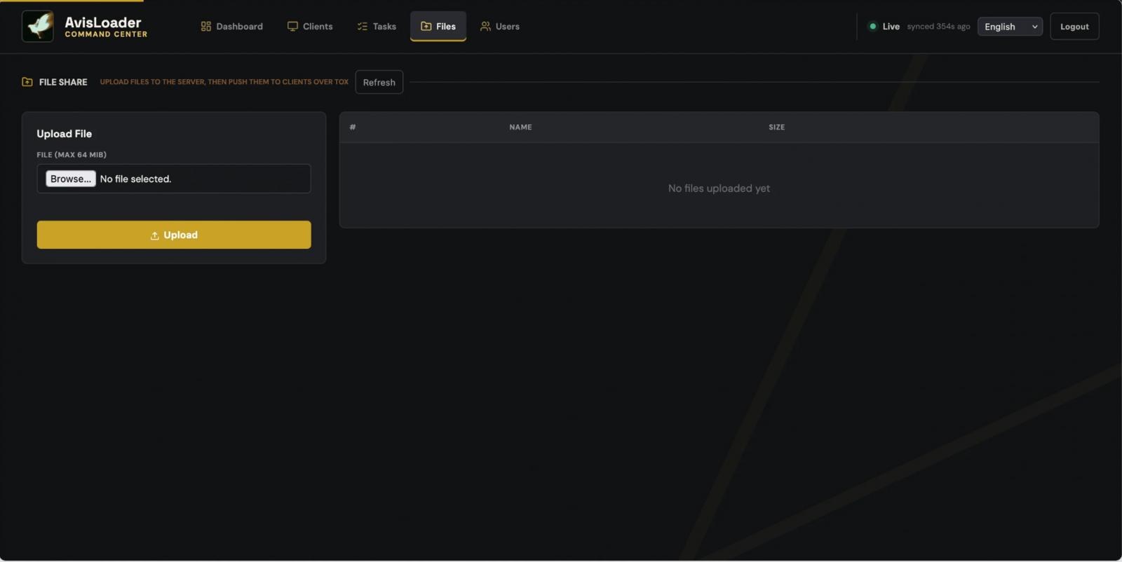The Files tab, offering payload delivery over Tox.