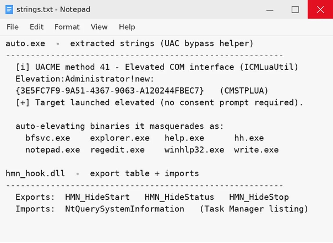 Extracted strings from auto.exe and hmn_hook.dll.