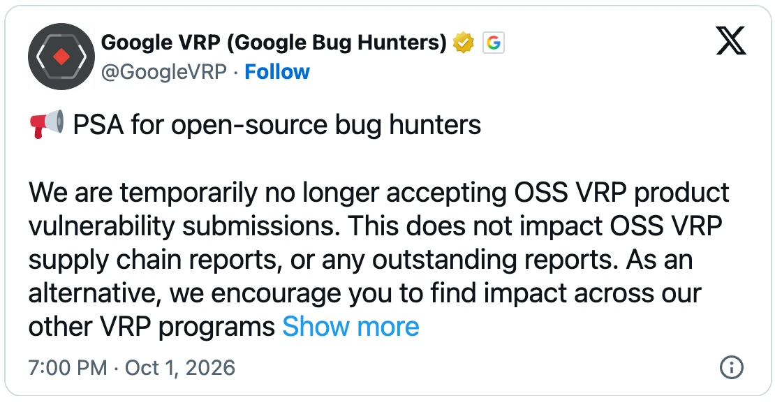 Google OSS VRP freeze