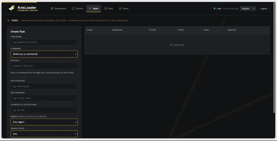Task controls for selecting clients by hardware and location.