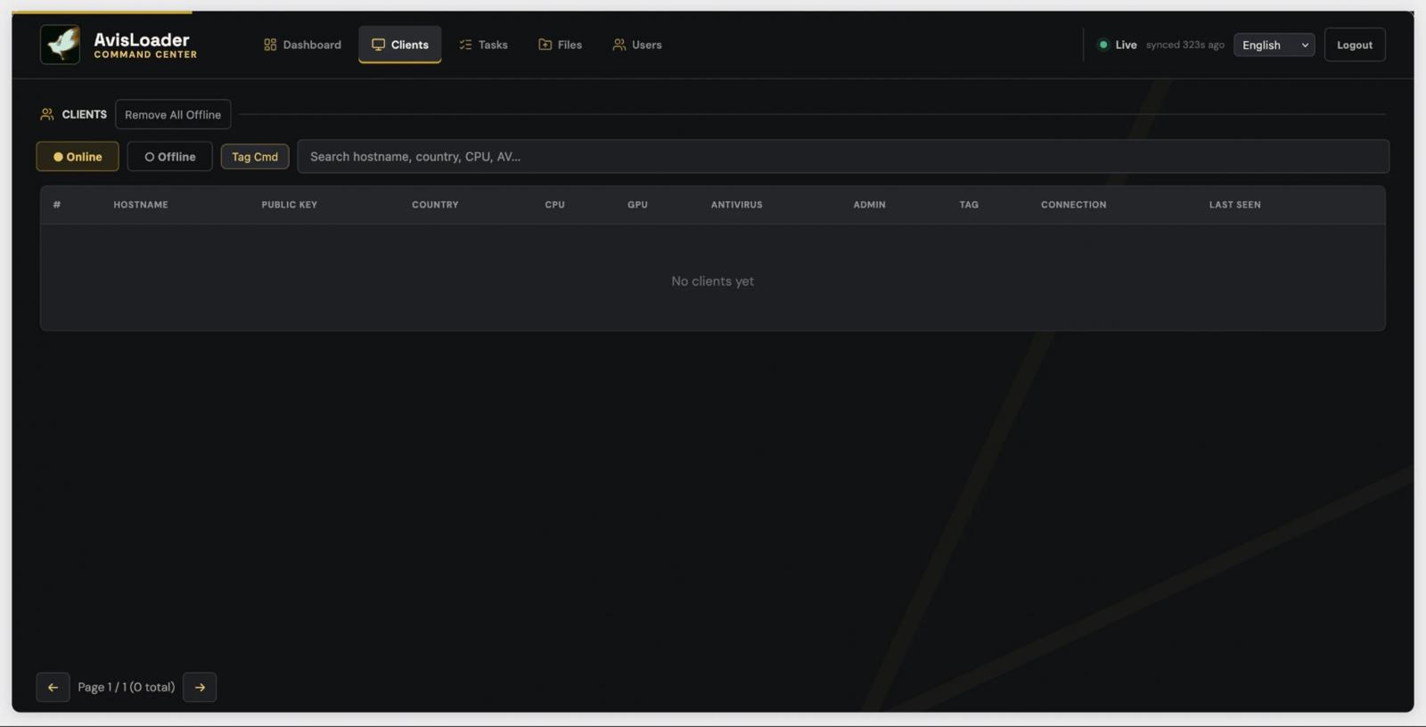 The Clients table, showing host information and public-key fields.