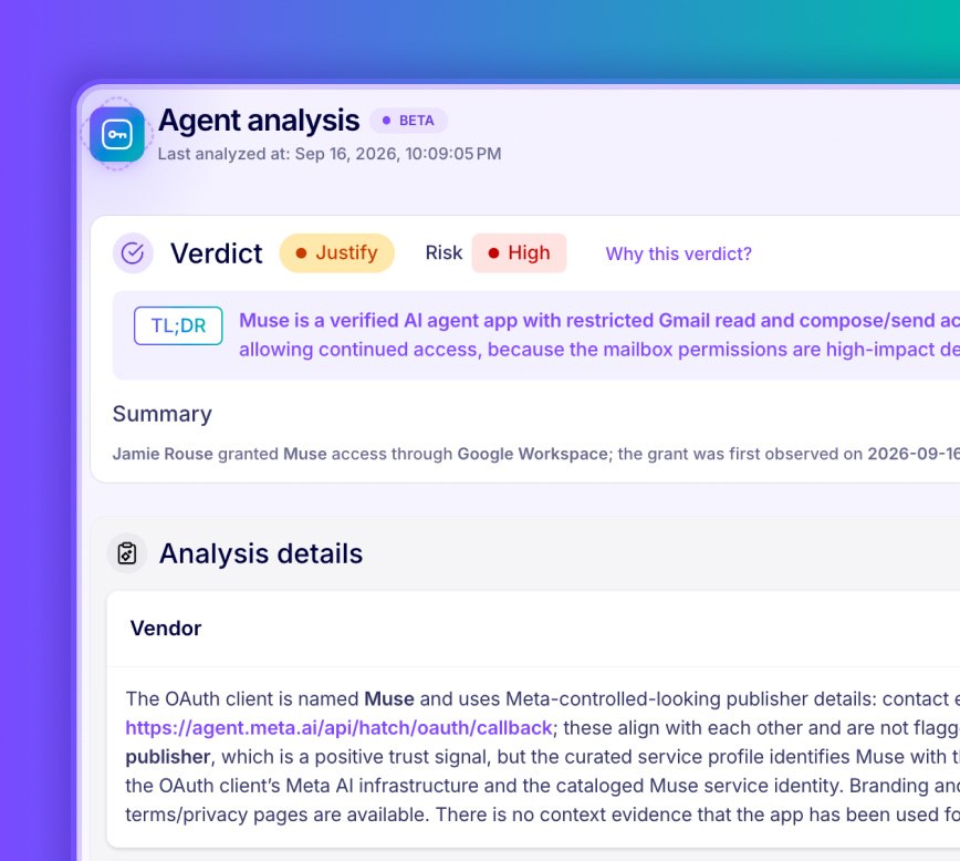 OAuth Grant Risk Analyst verdict and reasoning in Nudge Security