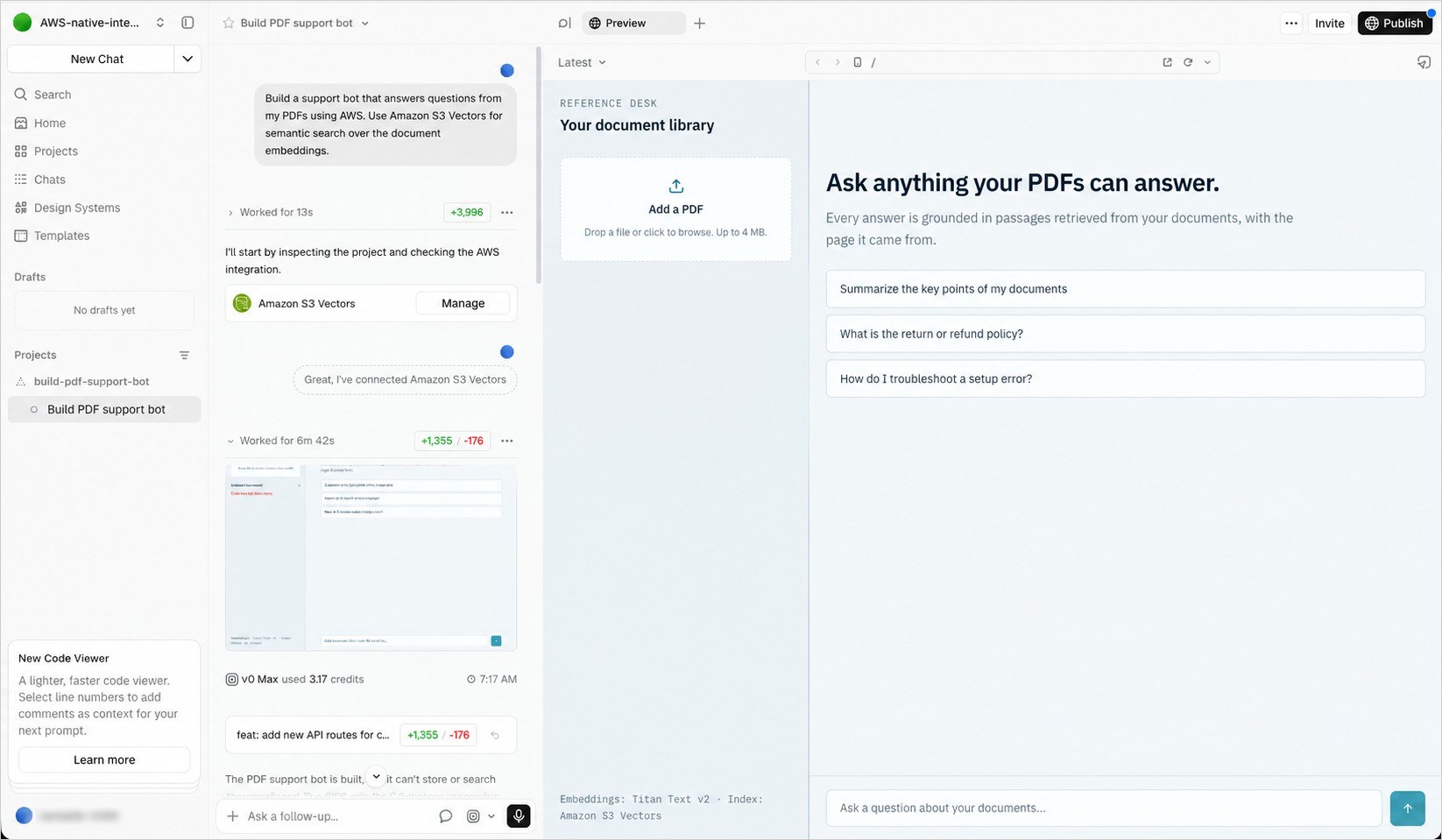 v0 chat with the Amazon S3 Vectors integration connected and the generated PDF support bot application in the Preview panel